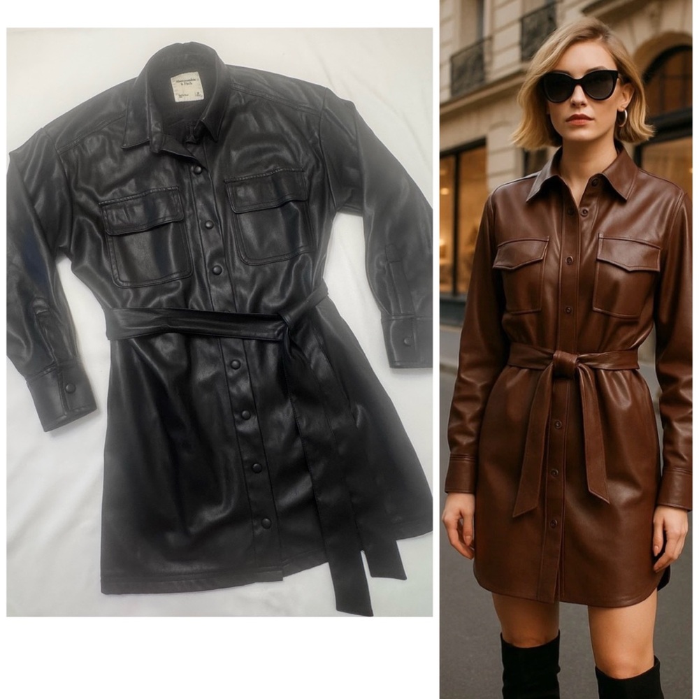 Abercrombie & Fitch Black Vegan Leather Long Sleeve Shirt Dress Jacket Shacket‎